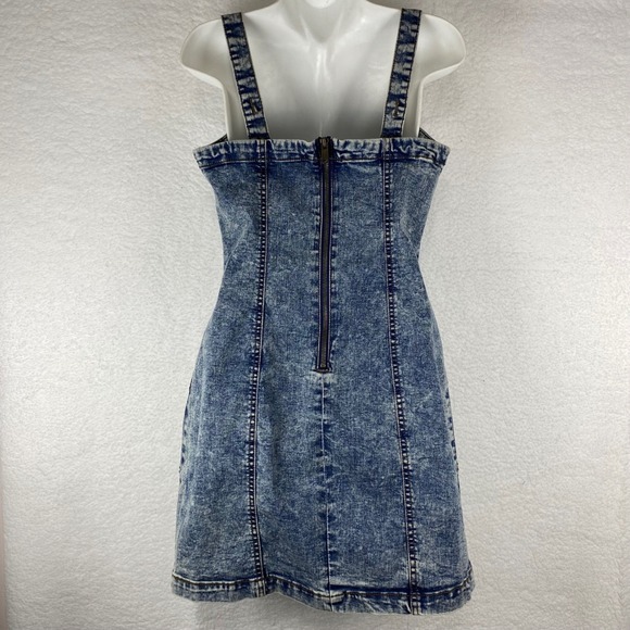 Aeropostale Acid Wash Denim Pinafore Dress Blue Jean Mini Strappy Size M - Picture 3 of 11